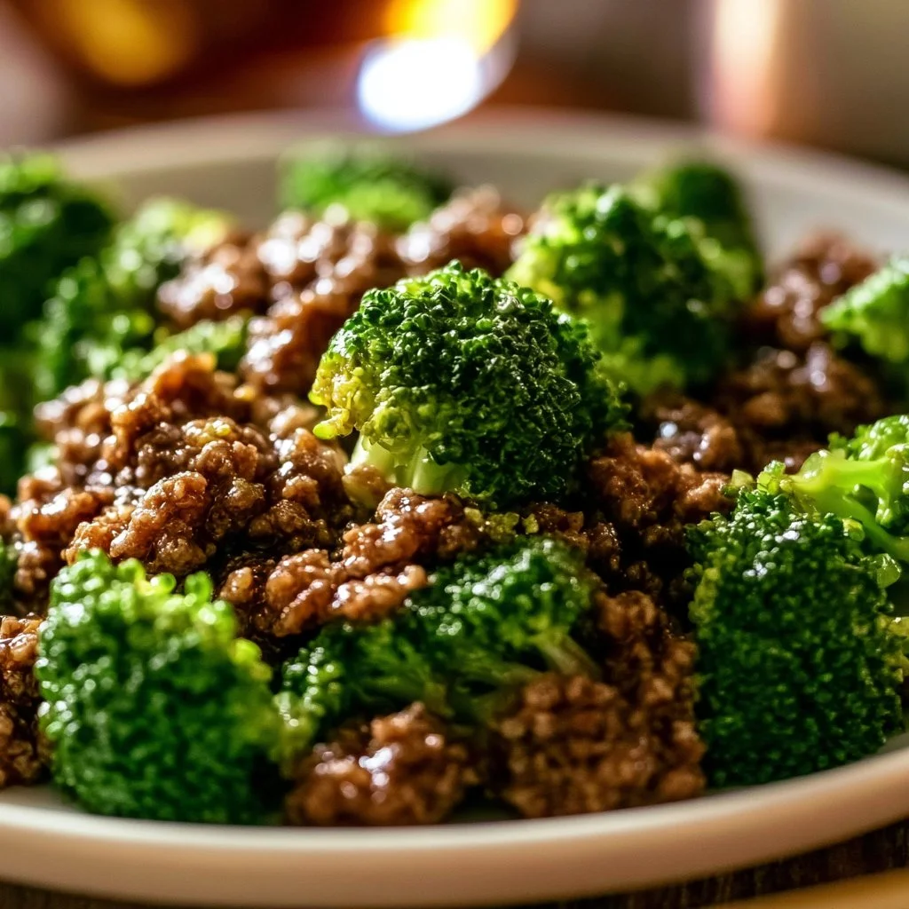 Dish featuring hamburger meat and broccoli cooked together in a savory mix.