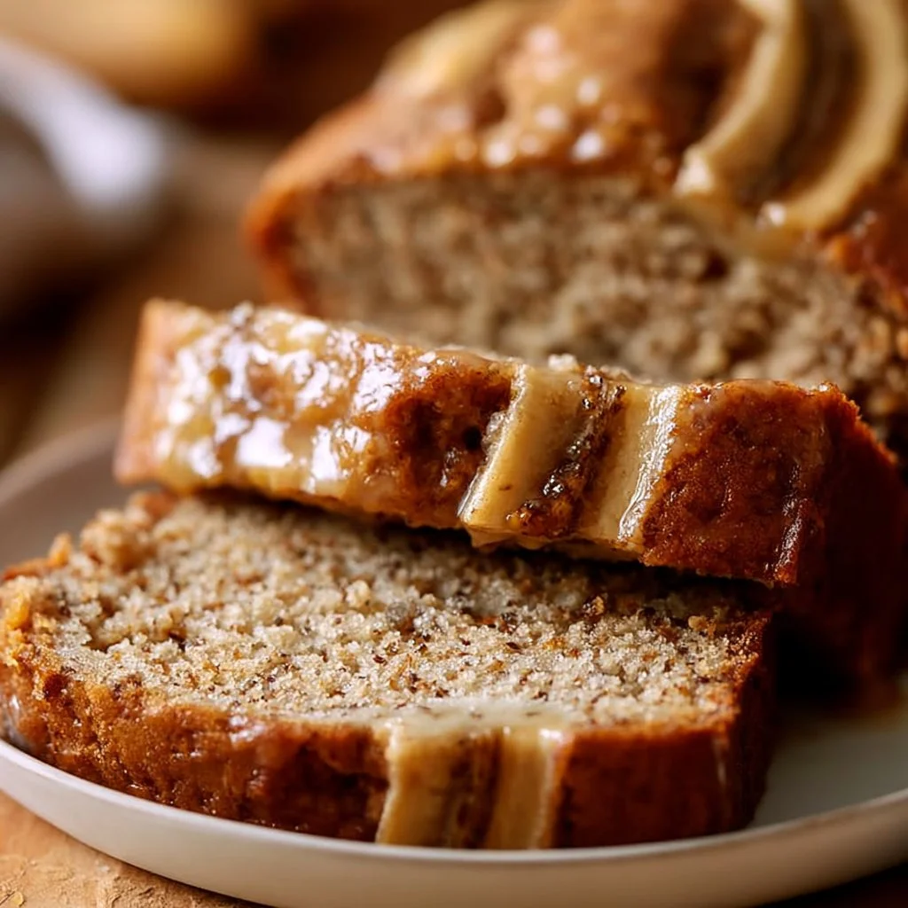 Slice of healthy banana bread on a wooden table, showcasing its moist texture.