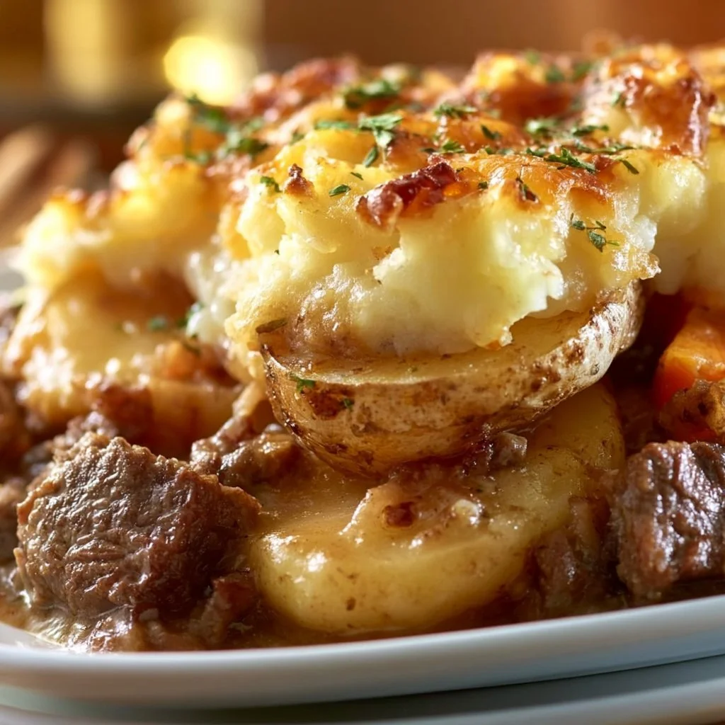 Delicious Hearty Beef and Potato Casserole served in a baking dish