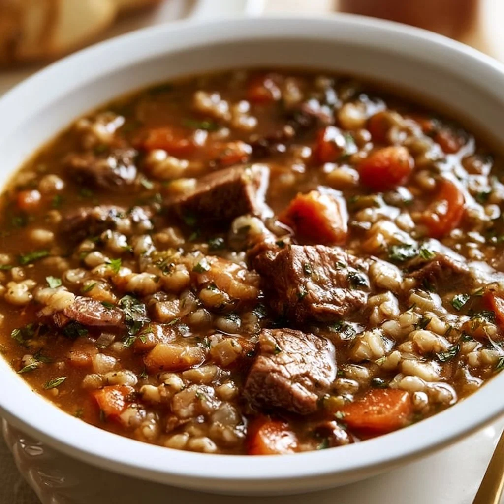 Bowl of hearty beef barley soup filled with tender beef and vegetables