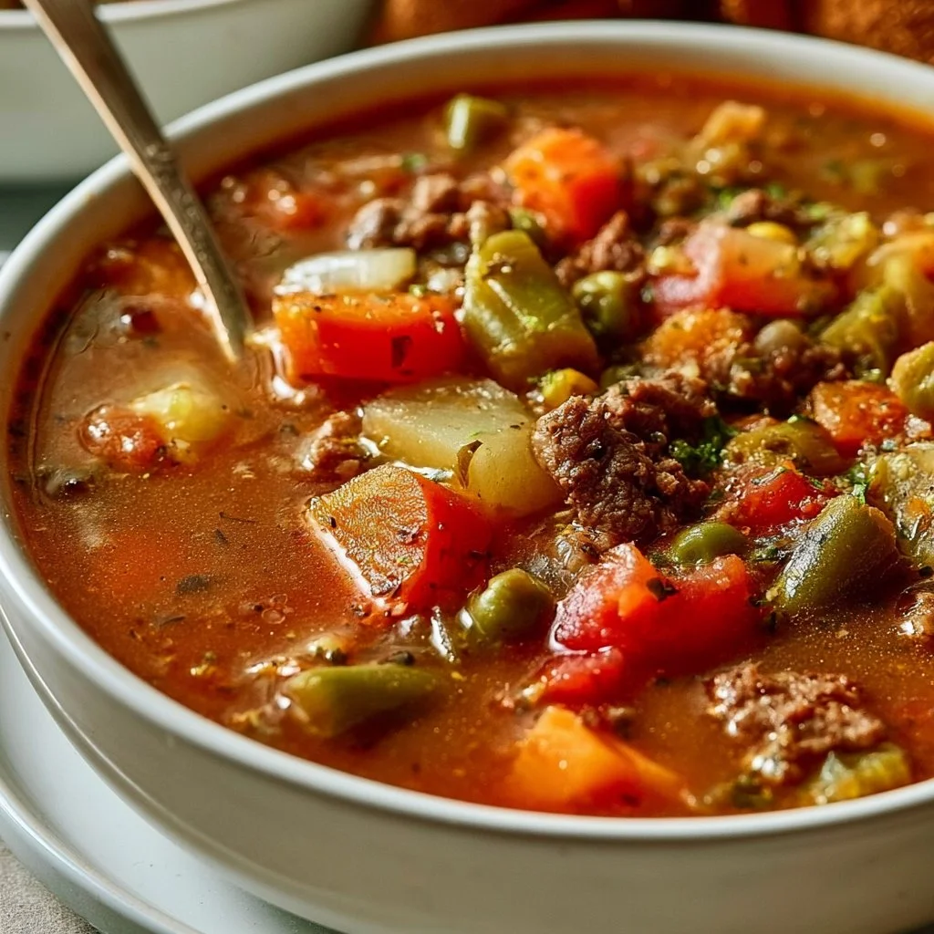 Bowl of homemade vegetable beef soup with fresh vegetables and beef chunks