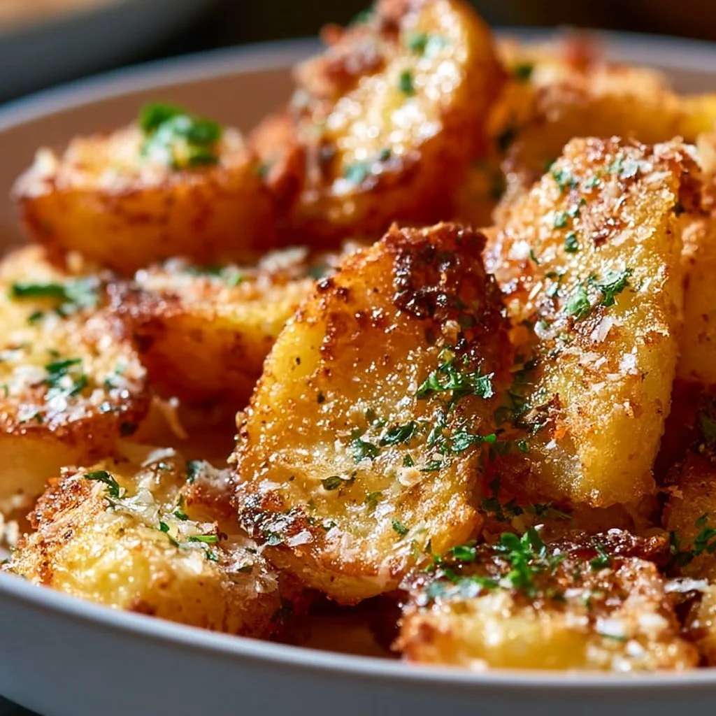 Crispy garlic butter parmesan potatoes garnished with fresh parsley.