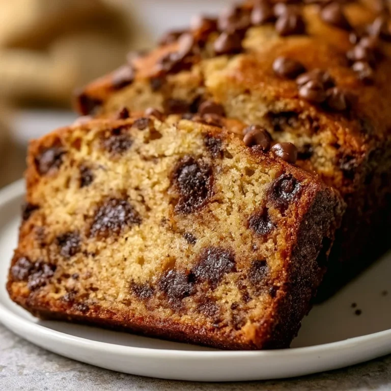 Delicious super moist chocolate chip banana bread on a wooden table