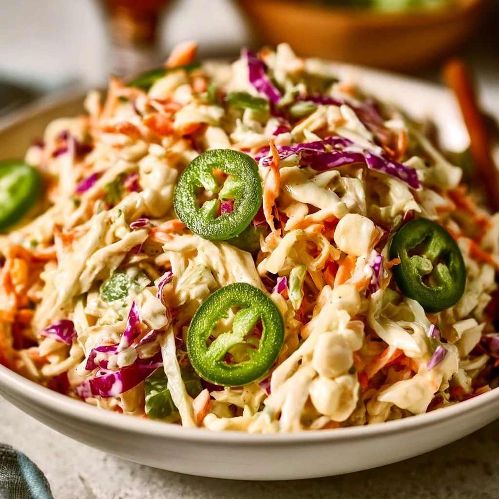 Bowl of jalapeno coleslaw with vibrant vegetables and dressing