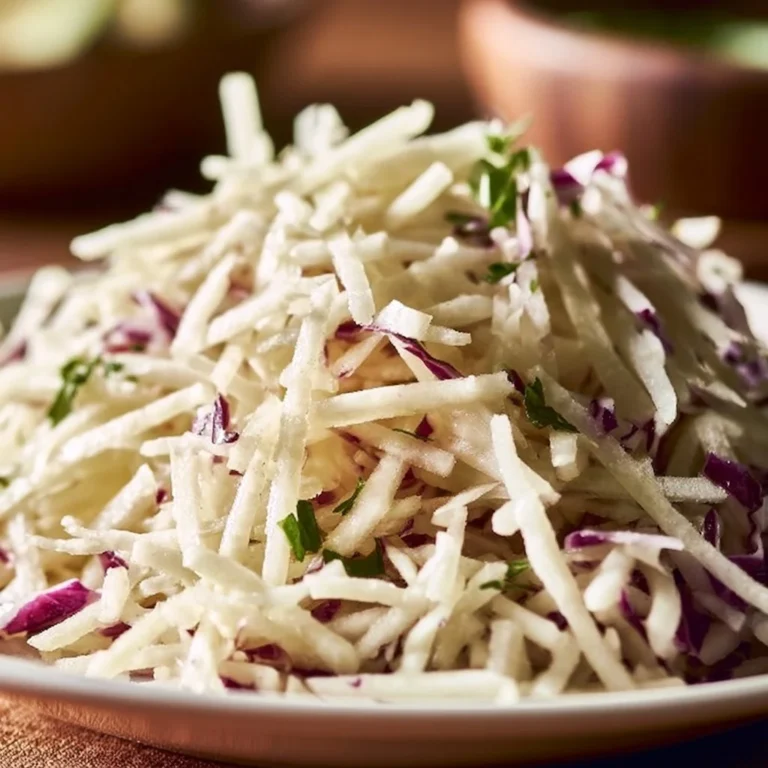 Colorful jicama slaw served in a bowl, showcasing its fresh crunch and vibrant ingredients.