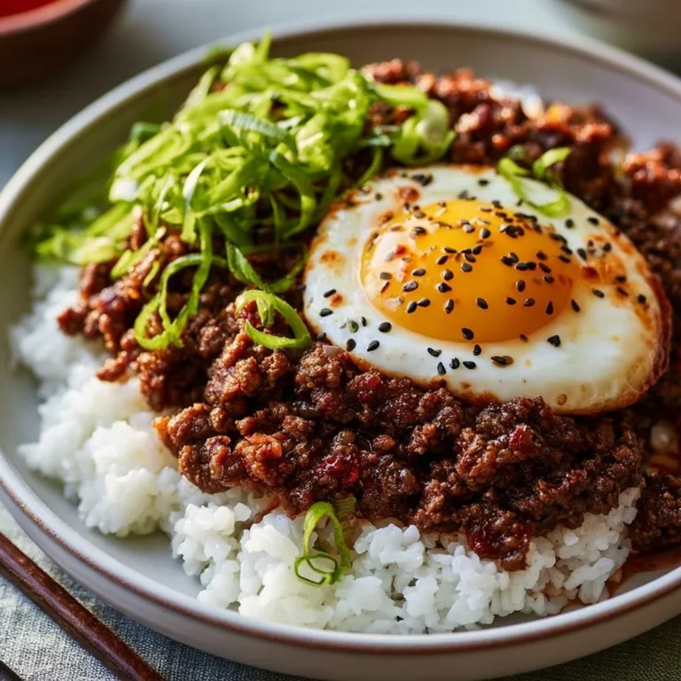 A flavorful Korean Ground Beef Bowl topped with green onions and sesame seeds.