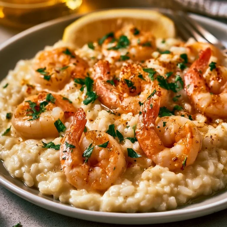 Creamy Lemon Garlic Shrimp Risotto garnished with fresh herbs in a bowl.