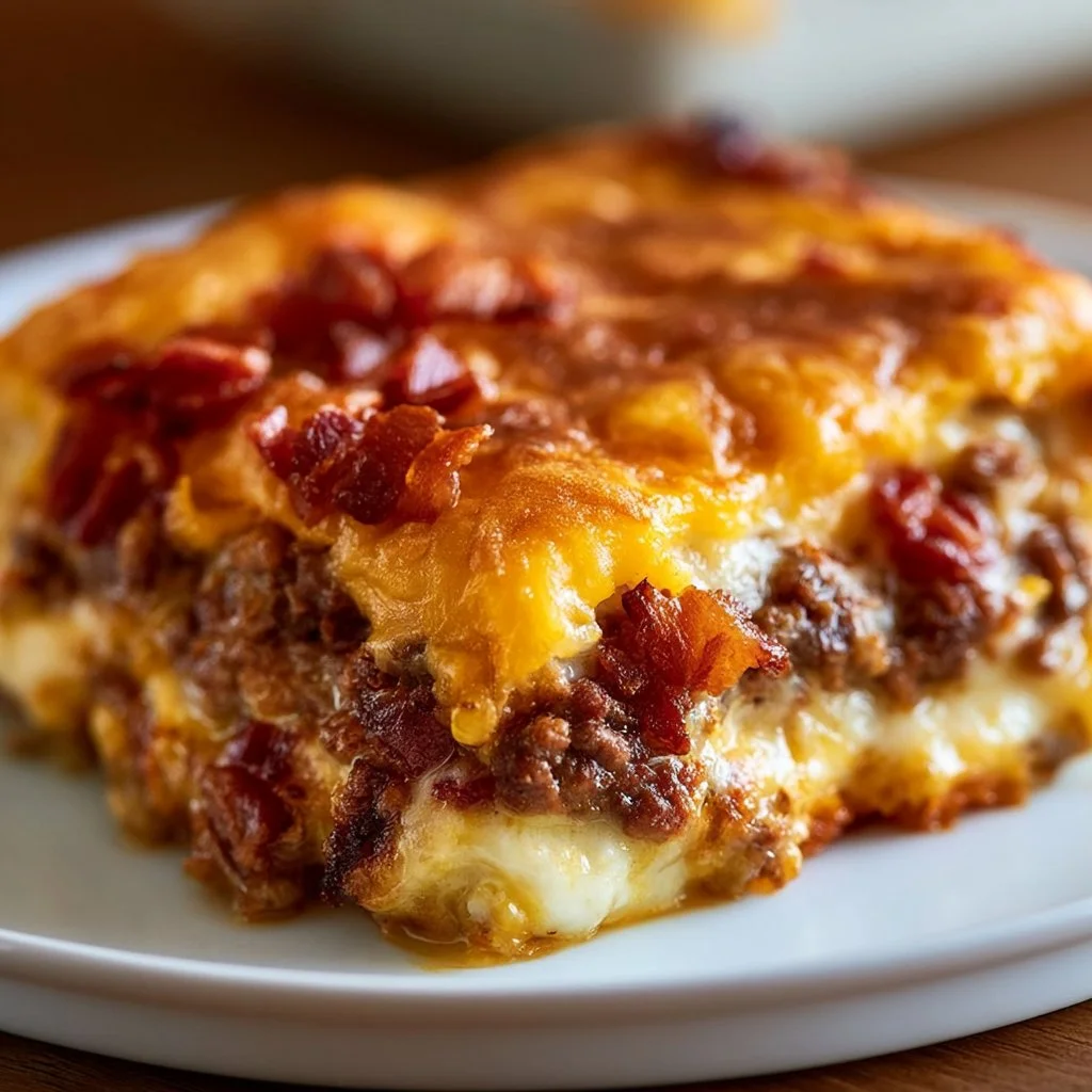 Low-carb bacon cheeseburger casserole in a baking dish, garnished and ready to serve.