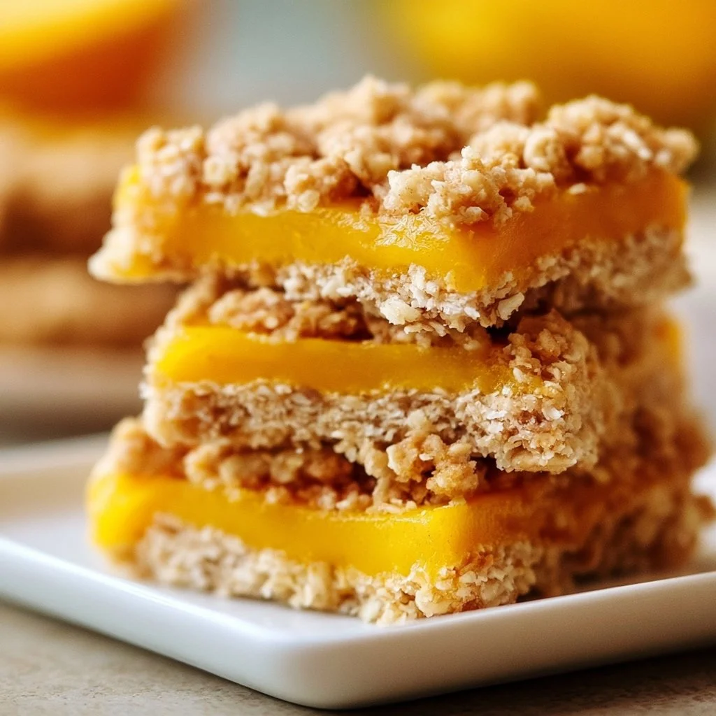 Mango Oatmeal Crumble Bars on a wooden table, topped with fresh mango slices.