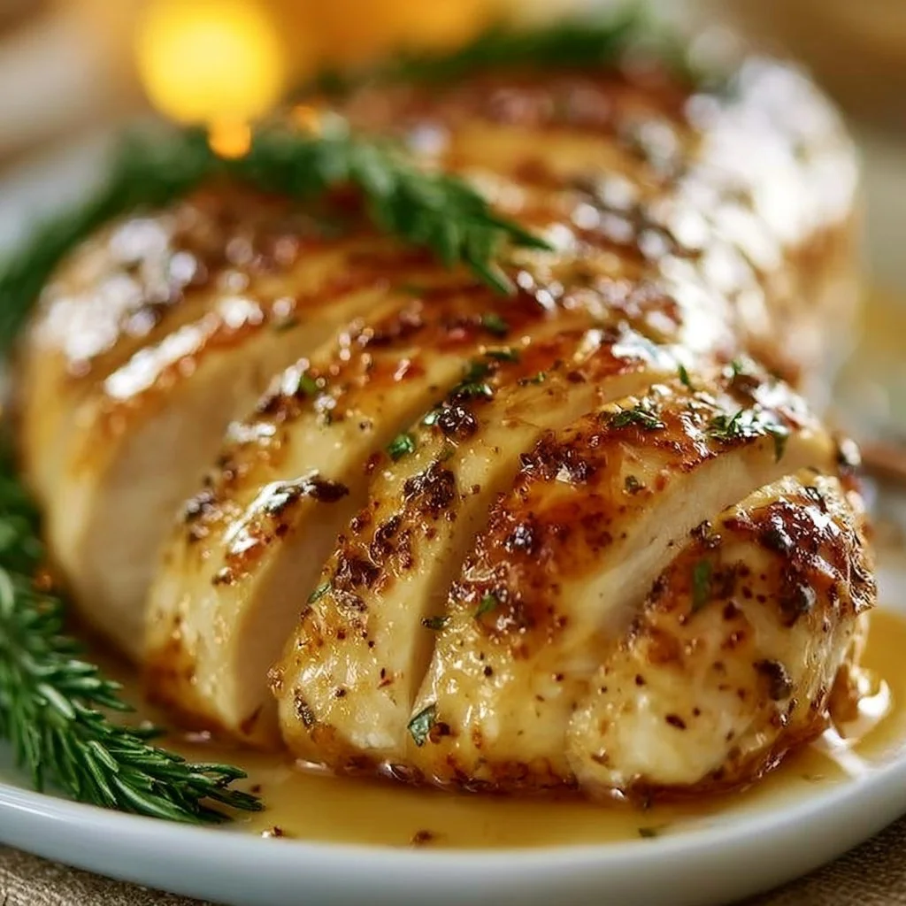 Melt in Your Mouth Chicken Breast served on a plate with fresh herbs.