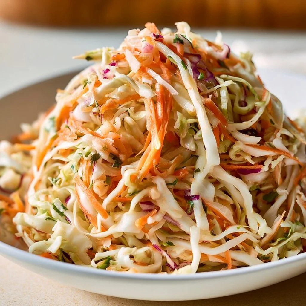 A colorful Mexican Cabbage and Carrot Salad topped with fresh herbs and lime.