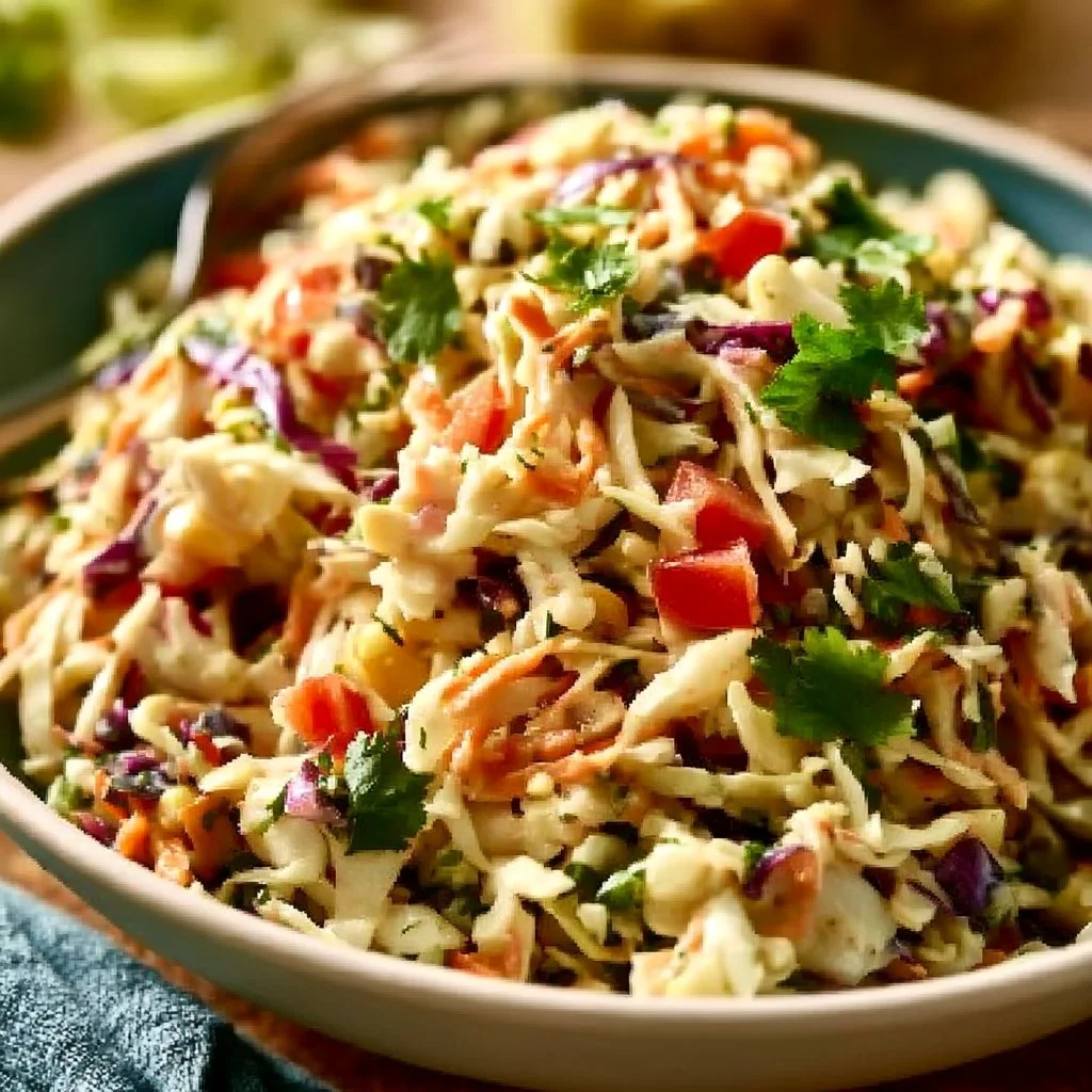 Bowl of delicious Mexican Coleslaw with colorful vegetables
