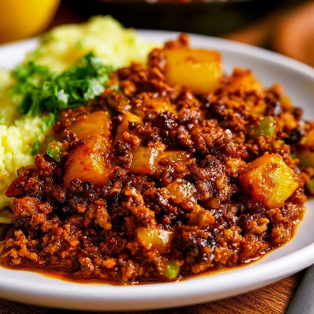 Delicious bowl of Mexican Picadillo served with rice and vegetables