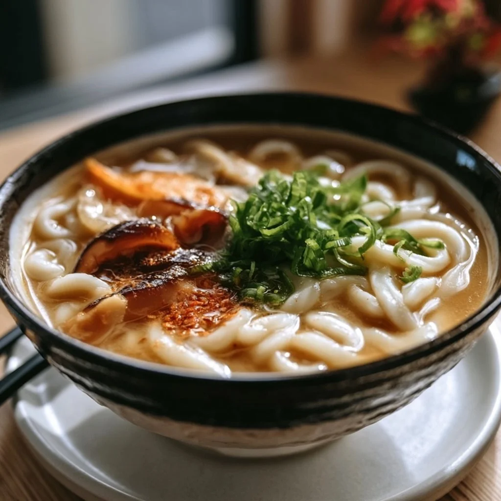 Bowl of Miso Udon Noodle Soup with fresh herbs and toppings