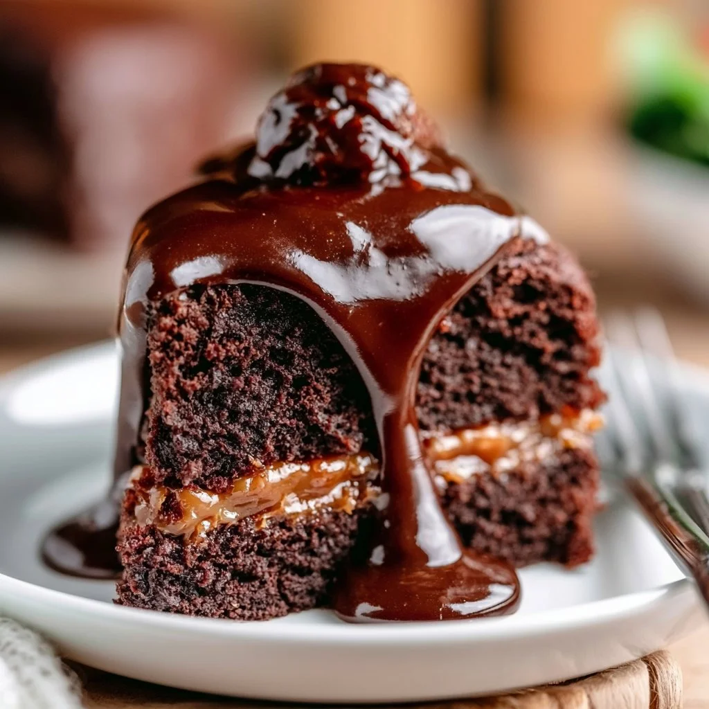 Moist chocolate caramel cake topped with rich caramel sauce.