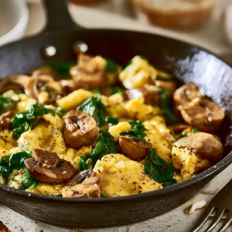 Delicious Mushroom Spinach Scrambled Eggs served on a plate
