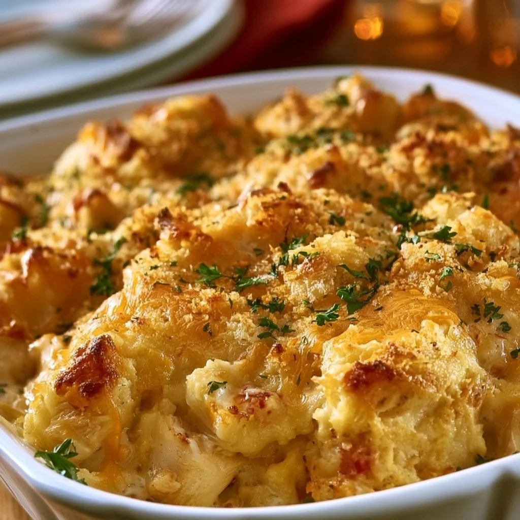 Delicious Neiman Marcus chicken casserole topped with crispy breadcrumbs