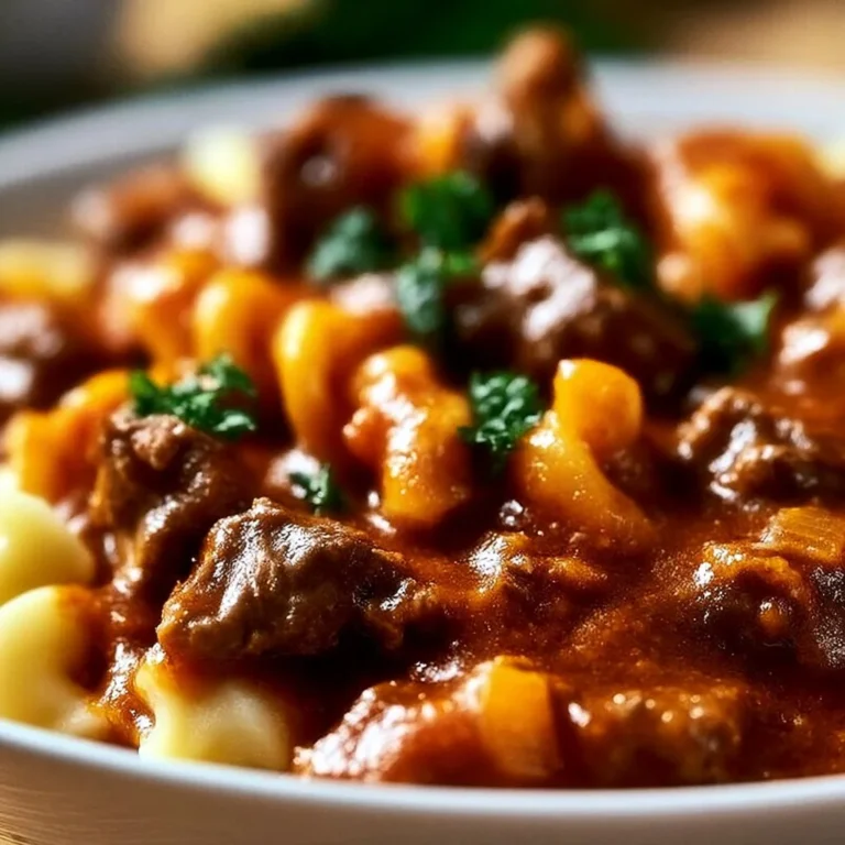 Delicious bowl of Old Fashioned Goulash garnished with herbs