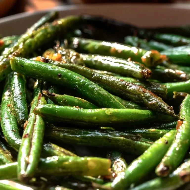 Oven roasted green beans seasoned and served on a plate