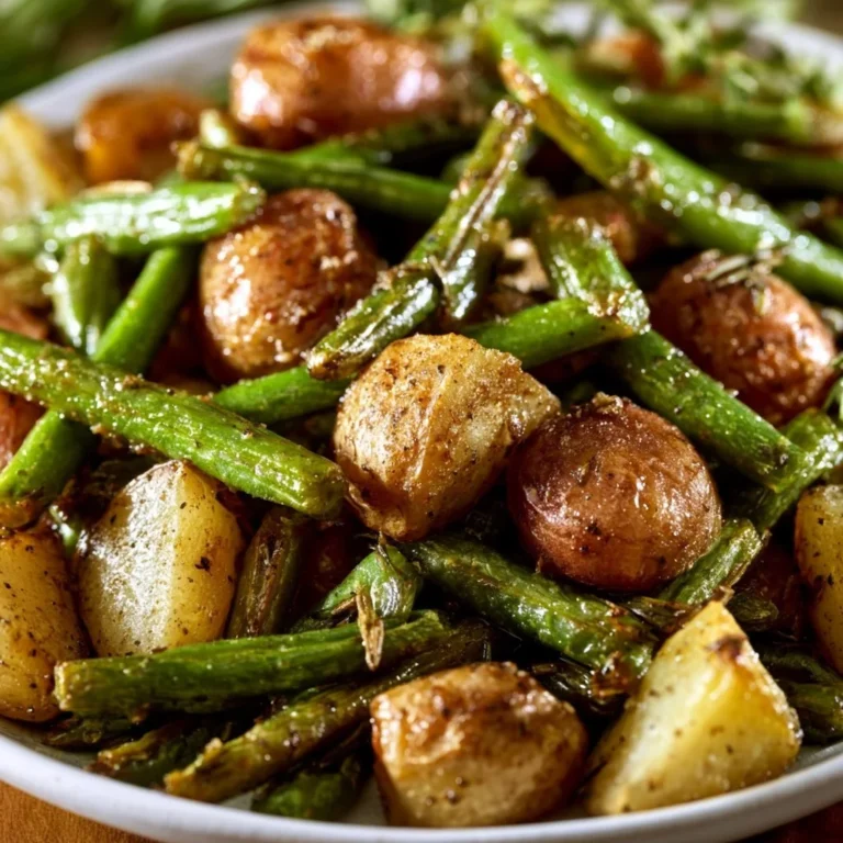 Oven roasted green beans and potatoes dish served in a bowl