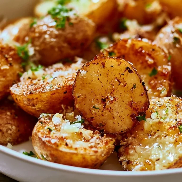 Parmesan Crusted Potatoes topped with Garlic Butter on a serving plate