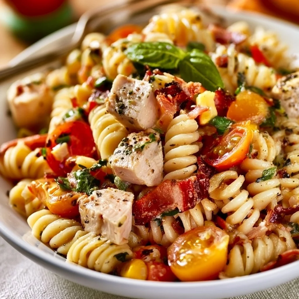 Pasta Salad with Chicken and Bacon served in a bowl