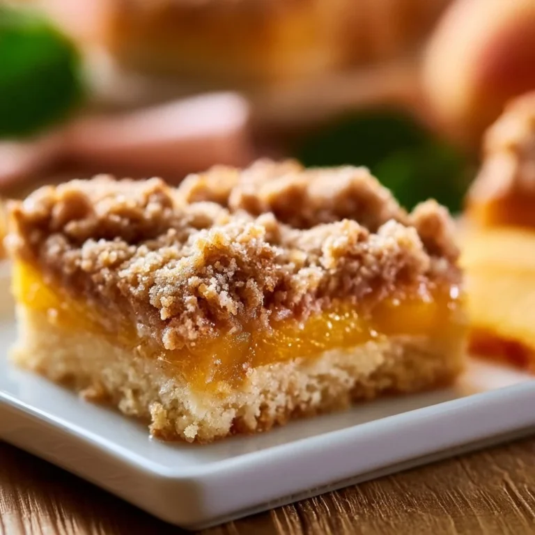 Delicious Peach Pie Crumble Bars with a golden topping and fresh peaches