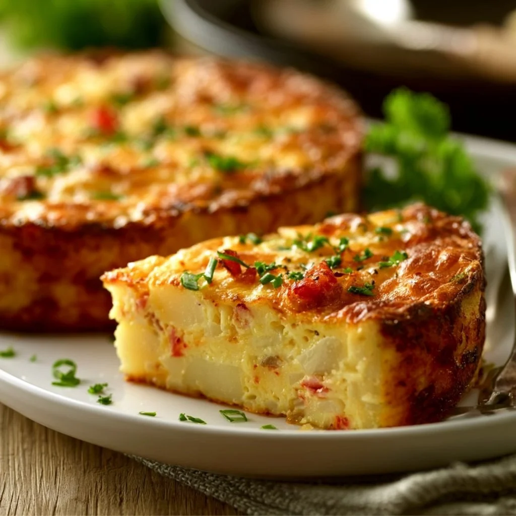Delicious Potato Crust Quiche served with fresh herbs and vegetables.