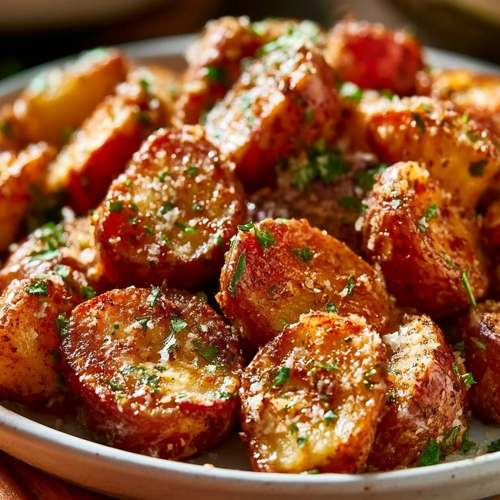 Bowl of roasted red potatoes with Parmesan cheese, garnished with herbs
