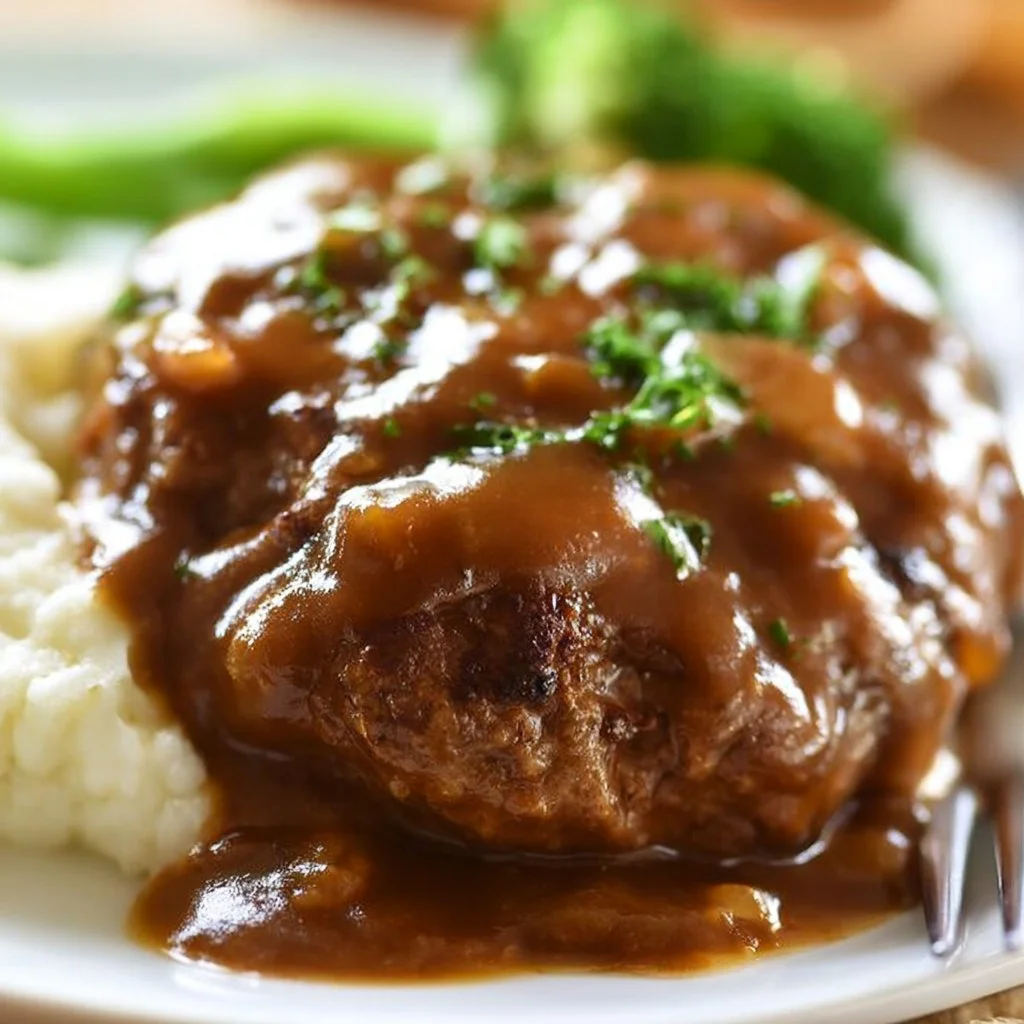 Homemade Salisbury Steak with rich gravy and mashed potatoes on a plate