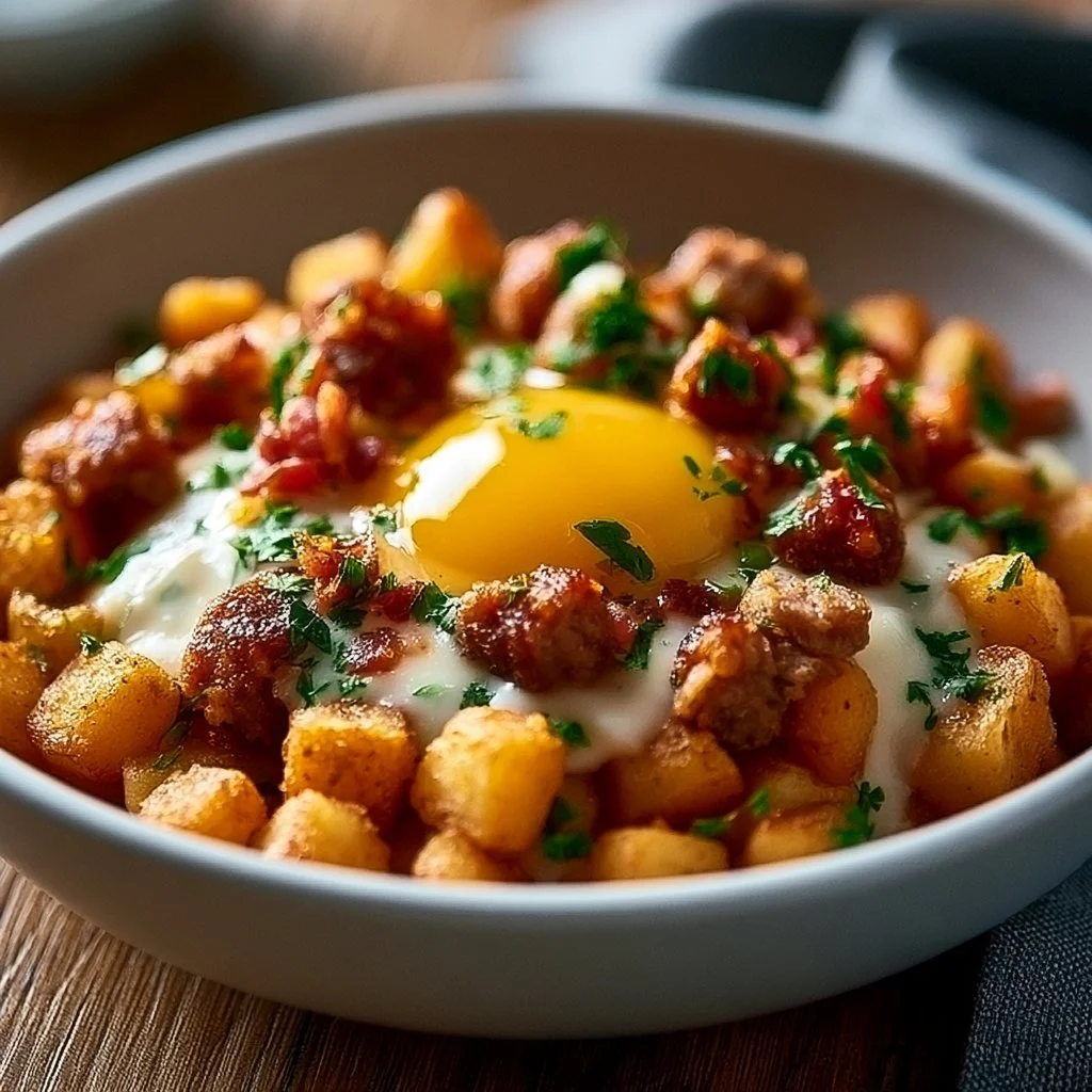 Sausage and potato breakfast bowls with colorful vegetables