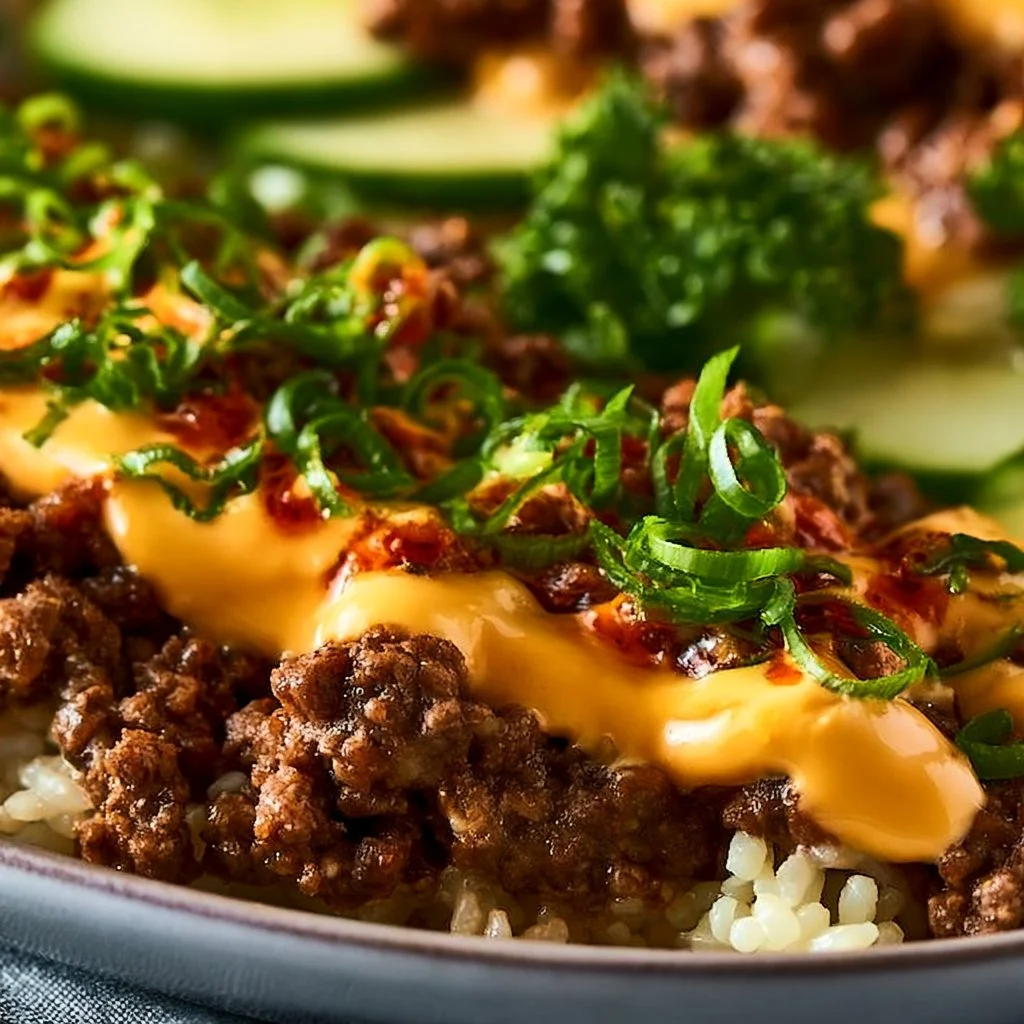 Savory Korean Ground Beef Bowl topped with zesty spicy mayo