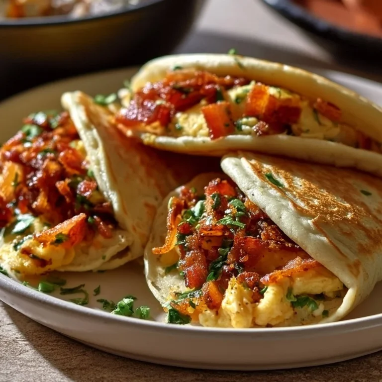 Savory pancake tacos filled with crispy bacon and soft scrambled eggs