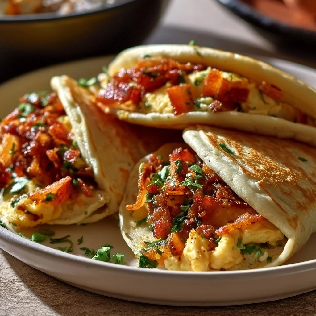 Savory pancake tacos filled with crispy bacon and soft scrambled eggs