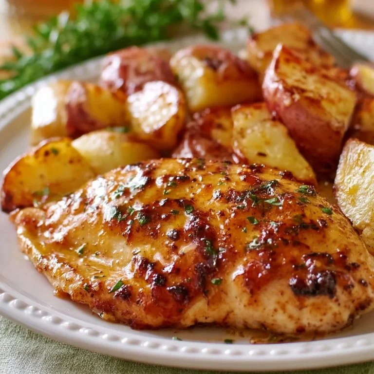 Sheet pan honey glazed chicken with tender potatoes for a quick dinner.