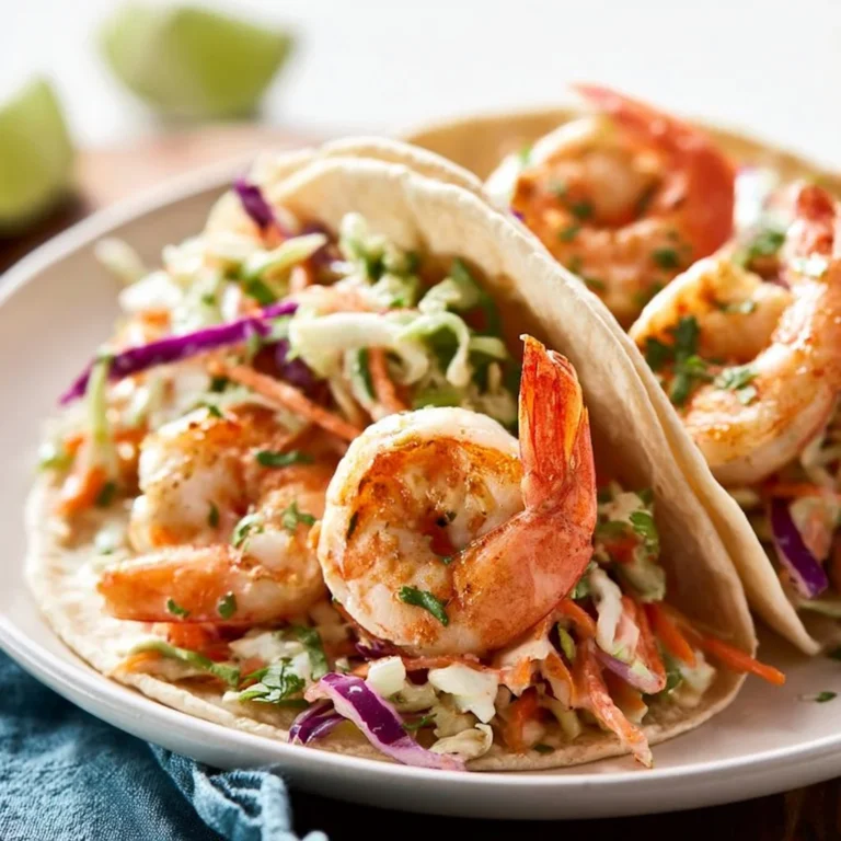 Shrimp tacos garnished with cilantro lime slaw, served in a taco shell.