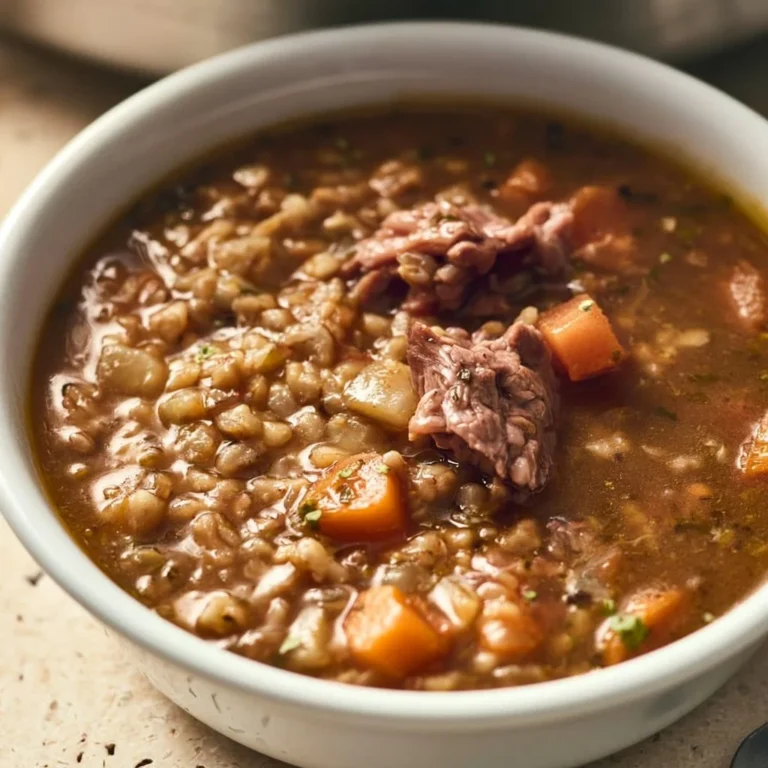 Bowl of hearty slow cooker beef barley soup topped with fresh parsley