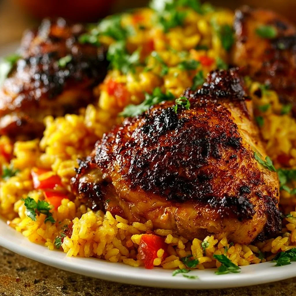 Delicious Spanish Chicken and Rice dish served in a colorful bowl.