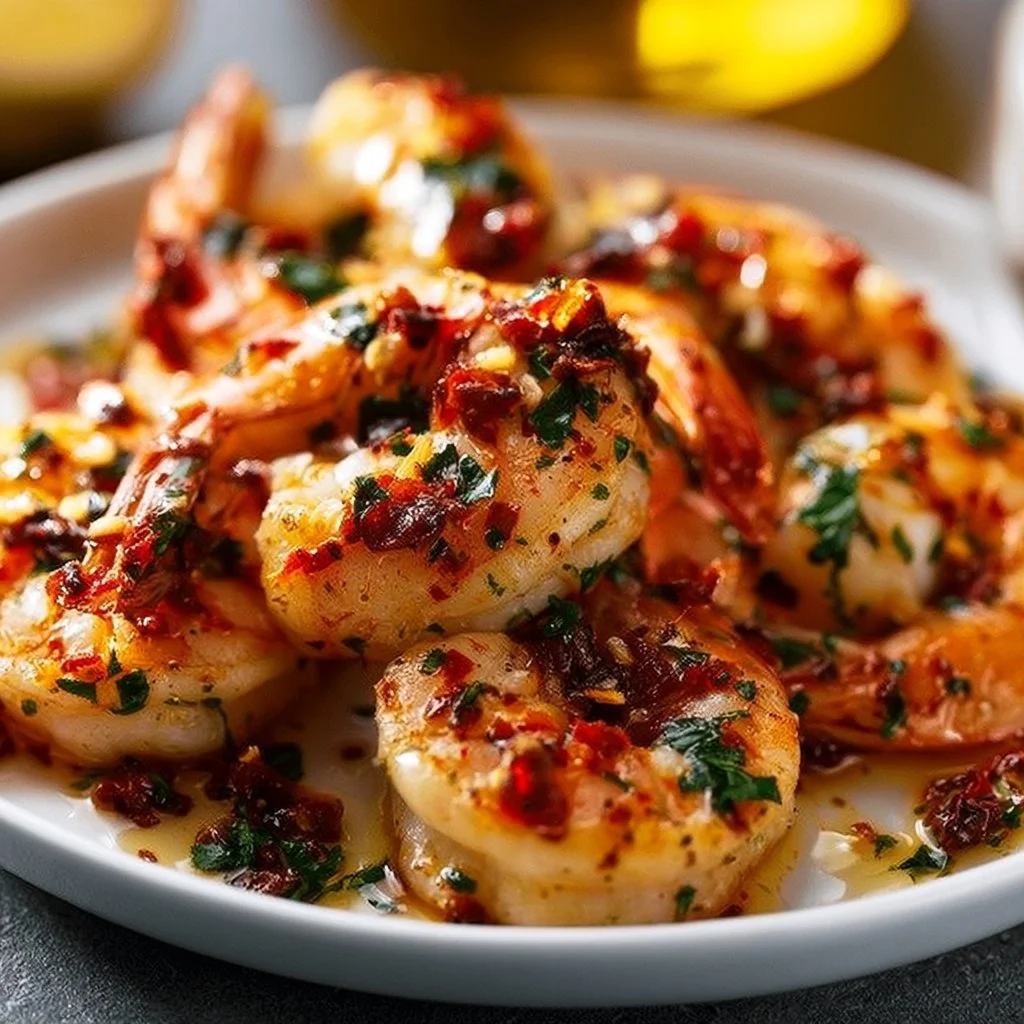 Delicious plate of spicy Calabrian shrimp garnished with herbs and spices