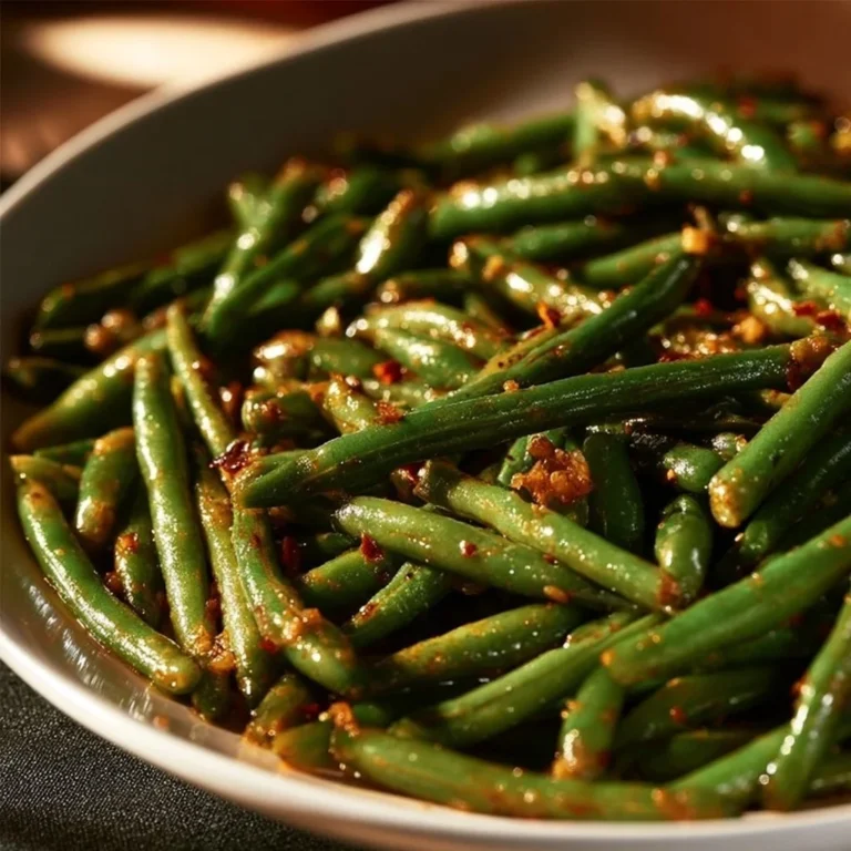 A plate of spicy green beans garnished with sesame seeds and chili flakes.