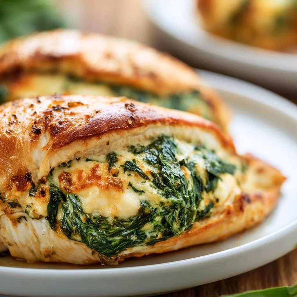 Spinach stuffed chicken breasts filled with creamy spinach and cheese.