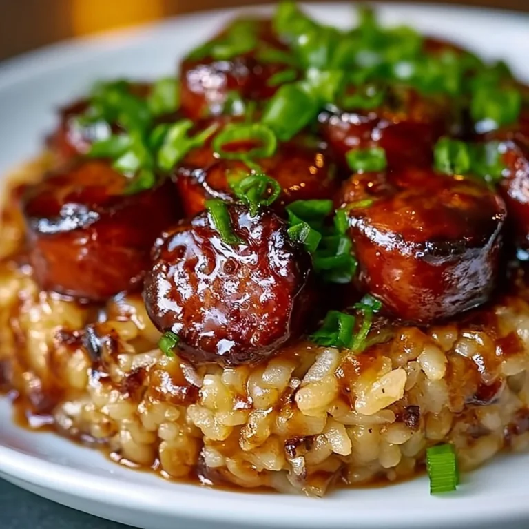 Sticky Honey Garlic Smoked Sausage Rice dish served in a bowl