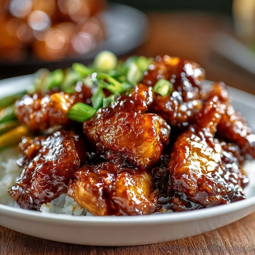 Delicious sticky sweet bourbon chicken served with rice and vegetables