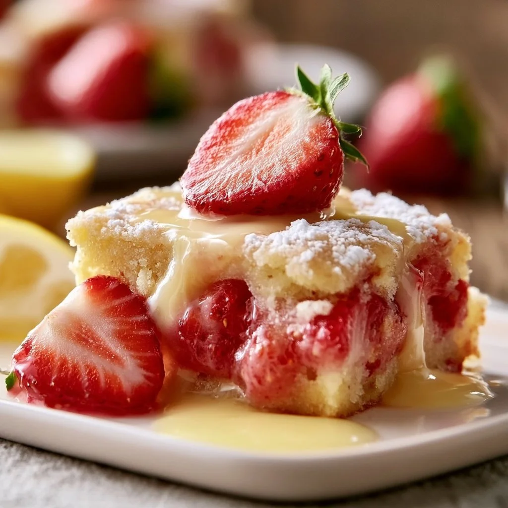 Freshly baked strawberry lemon blondies topped with strawberries.