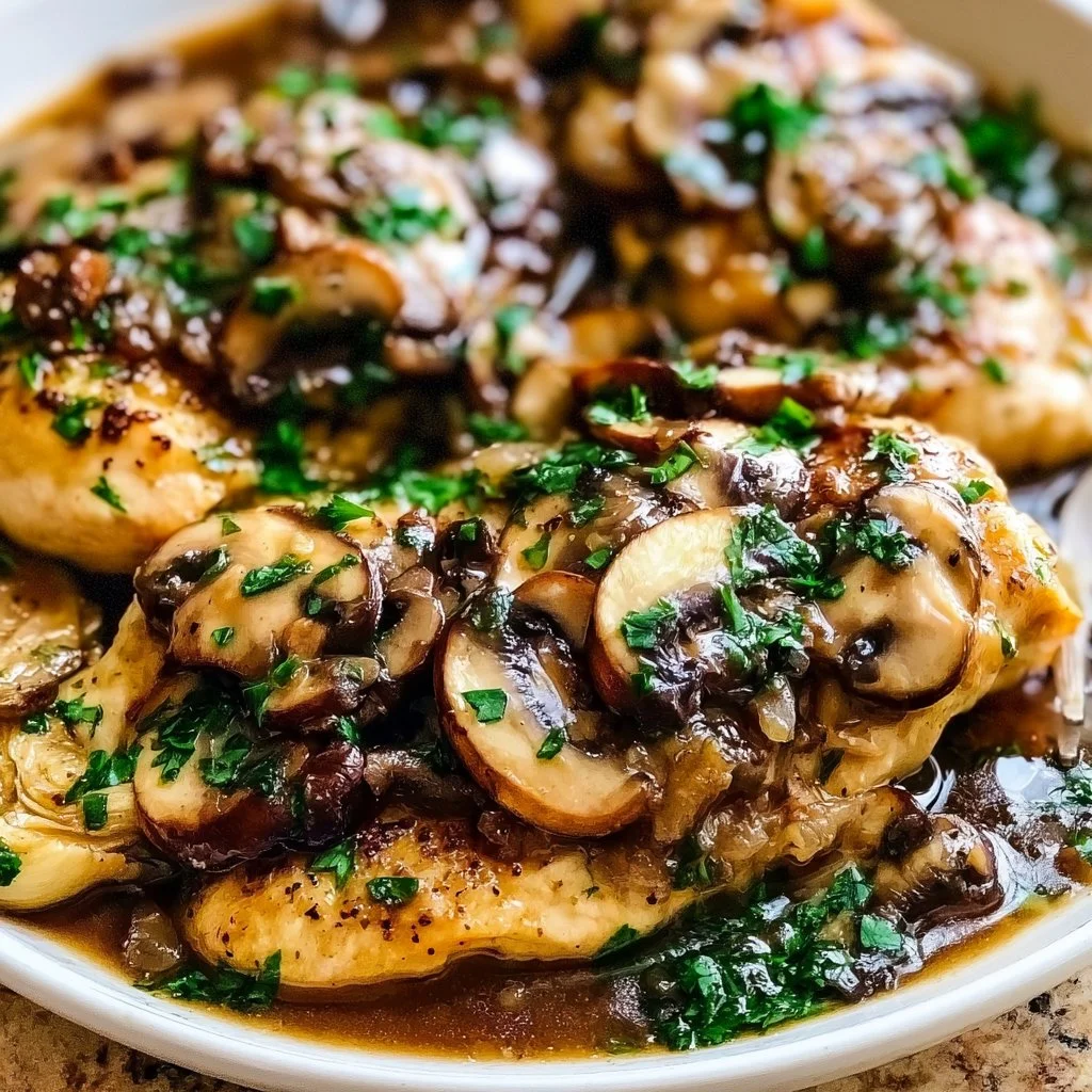 Delicious plate of super easy chicken marsala served with mushrooms and herbs