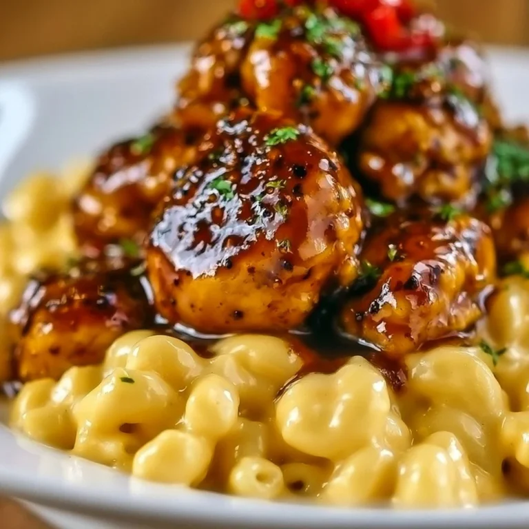 Delicious honey pepper chicken with creamy macaroni cheese on a plate