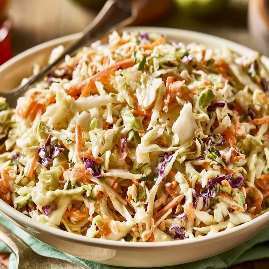 Bowl of sweet and tangy coleslaw with vibrant cabbage and carrots