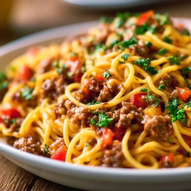 Plate of taco spaghetti topped with cheese and fresh herbs