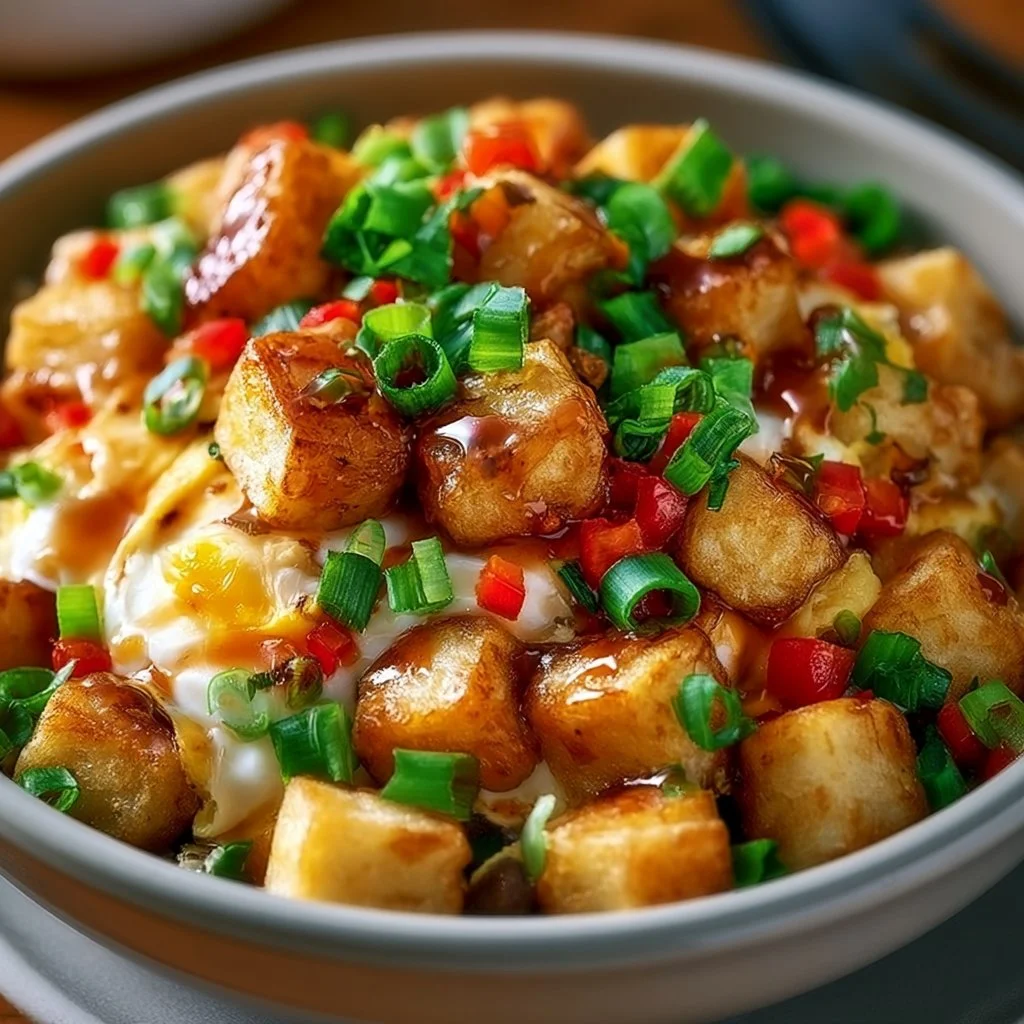 A hearty Tater Tot Breakfast Bowl loaded with ingredients for a fulfilling meal.