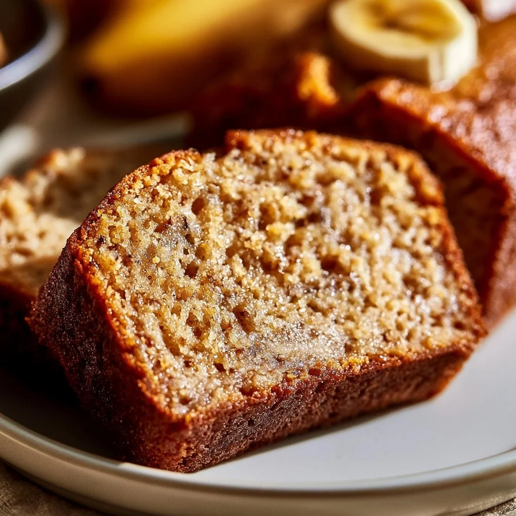 Slice of delicious homemade ultimate banana bread on a wooden table